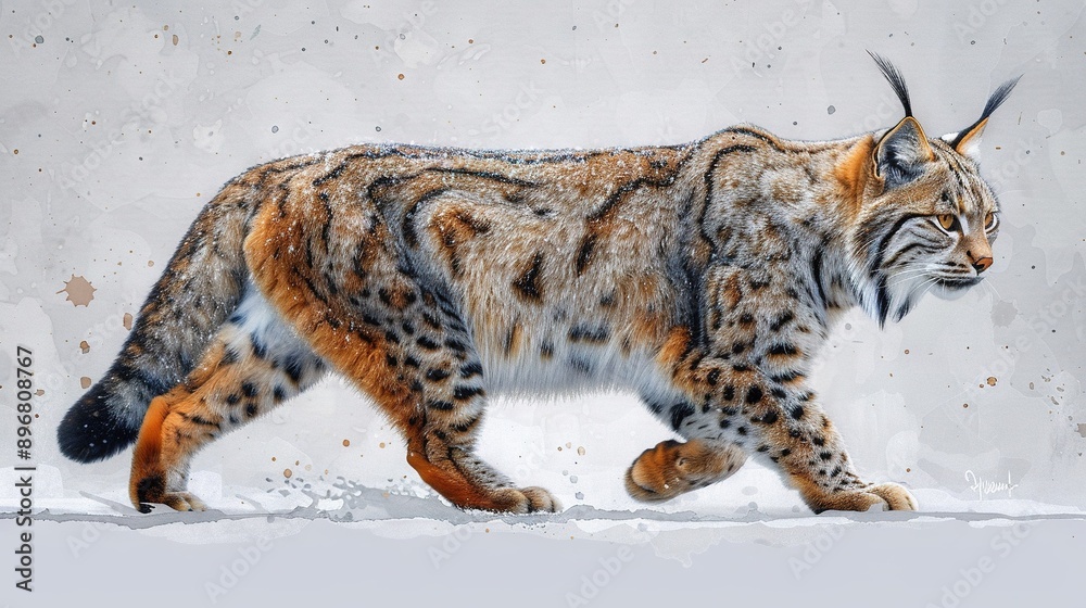 A majestic feline strolls on snow amidst a backdrop of white and gray walls A majestic feline strolls on snow amidst a backdrop of white and gray walls