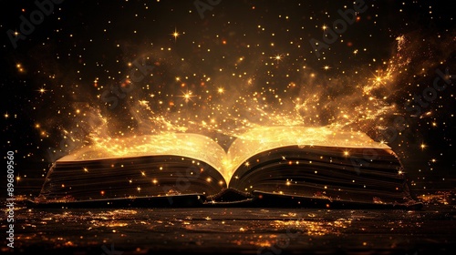  An open book with radiant rays emerging from its pages illuminates a dark surface, as dust particles rise from within its pages