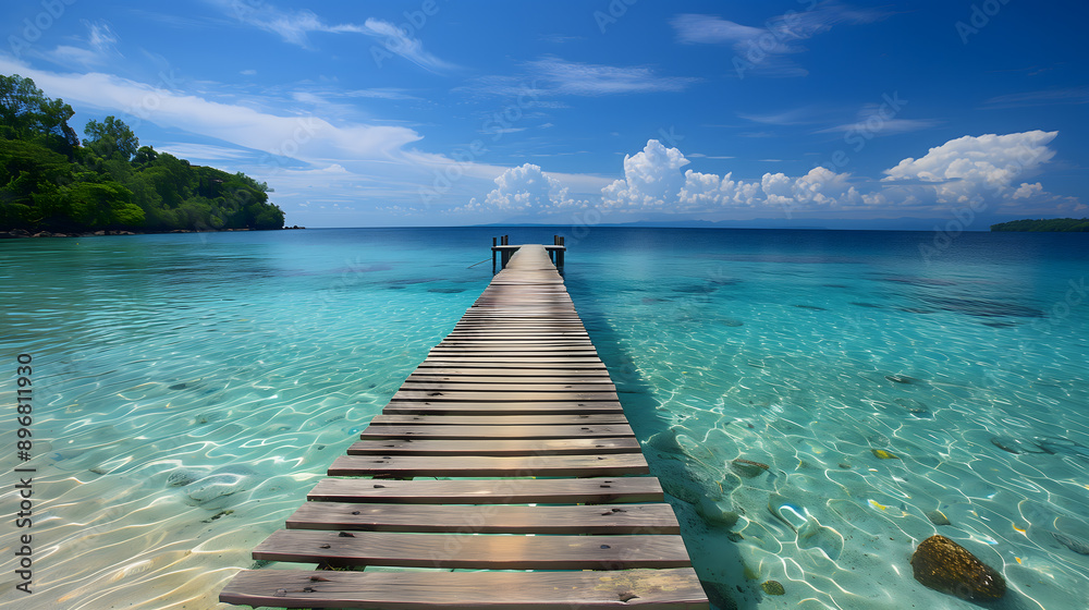 Obraz premium A wooden pier or jetty heading toward the horizon on a crystal clear sea water beach at Pom Pom Island Sabah, overlooking the Boheydulang Island.