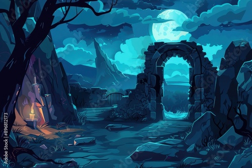 Mysterious ruins of an ancient castle under the full moon photo