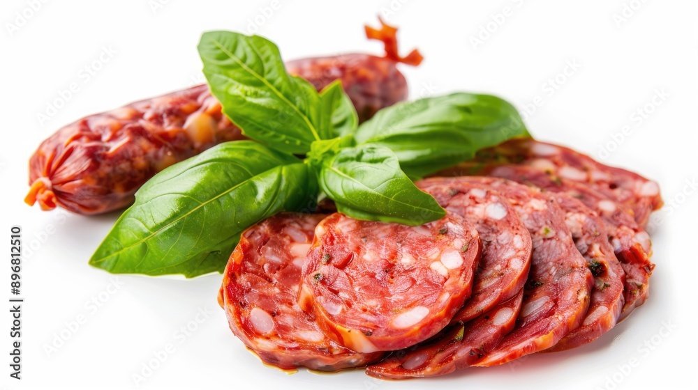 Sliced sausage servelat with basil on white background Sliced sausage servelat with basil on white background