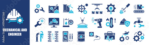 Mechanical engineering icon collection set. Containing design, industry, technology, mechanical, engineering, and more. Solid vector icons collection.