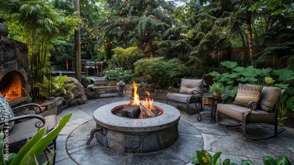 Cozy patio area with a crackling fire pit, surrounded by rustic furniture and lush greenery for a tranquil retreat Cozy patio area with a crackling fire pit, surrounded by rustic furniture and lush greenery for a tranquil retreat