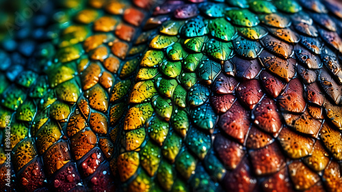 A unique illustration of lizard scales in an extreme close-up, capturing the detailed texture and vibrant colors, with space for text.
