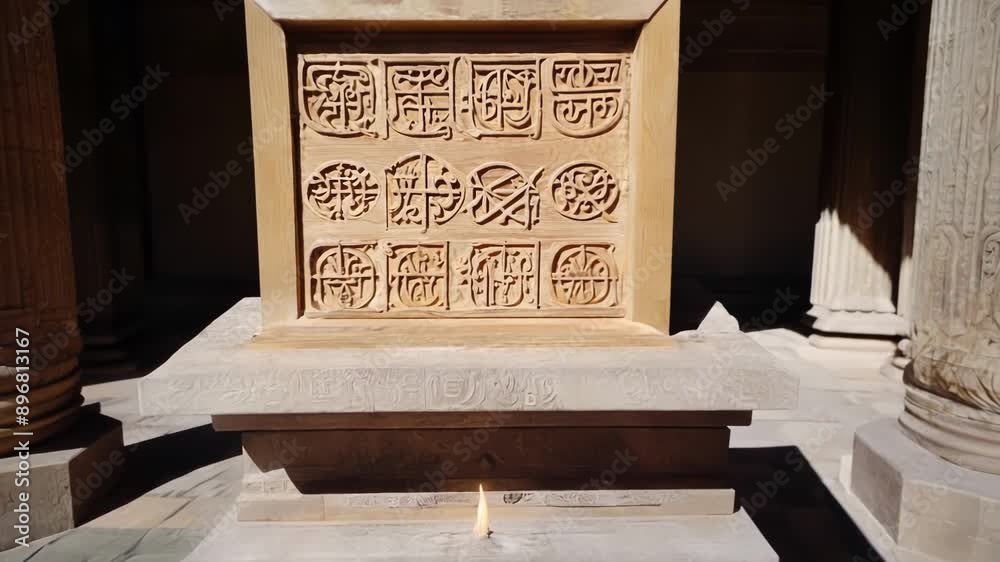 A simple wooden box inscribed with ancient symbols holds sacred relics and is p reverently on a pedestal.