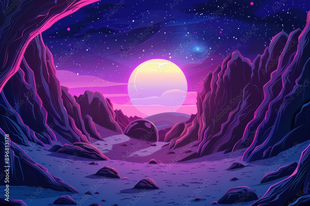 Rocky moon landscape with large moon and starry sky