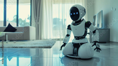 Perfectly designed AI robot performing household chores efficiently in a minimalist home, UHD, Masterpiece  photo