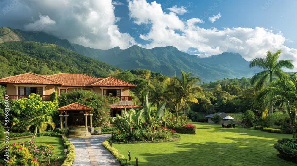Elegant tropical resort nestled in a picturesque setting with mountains in the background, offering a serene escape Elegant tropical resort nestled in a picturesque setting with mountains in the background, offering a serene escape
