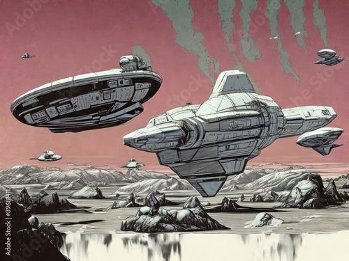 A fleet of various spacecraft fly over a lake and rocky planet terrain drawn in sci-fi comic book illustration style	