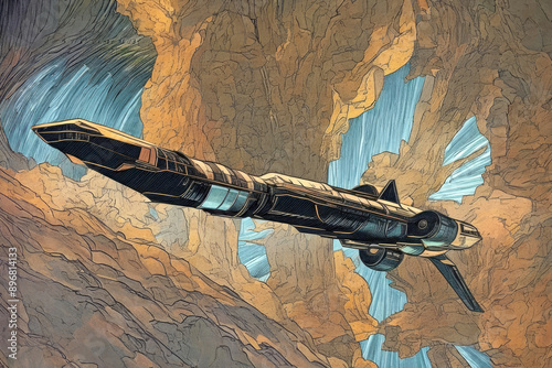 Long dark cruiser spacecraft flying through caverns in a cave and drawn in sci-fi comic book style	