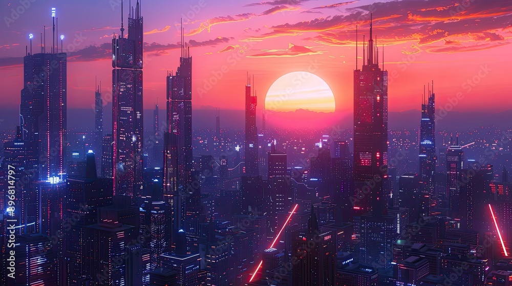 Fototapeta premium High-tech futuristic skyline with sleek skyscrapers, advanced architecture, and glowing lights under a twilight sky