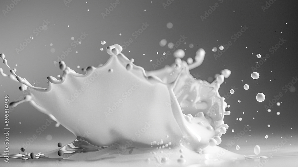 A splash of milk captured in mid-air against a grey background, illustrating the dynamic movement and fluidity of the liquid. A splash of milk captured in mid-air against a grey background, illustrating the dynamic movement and fluidity of the liquid.
