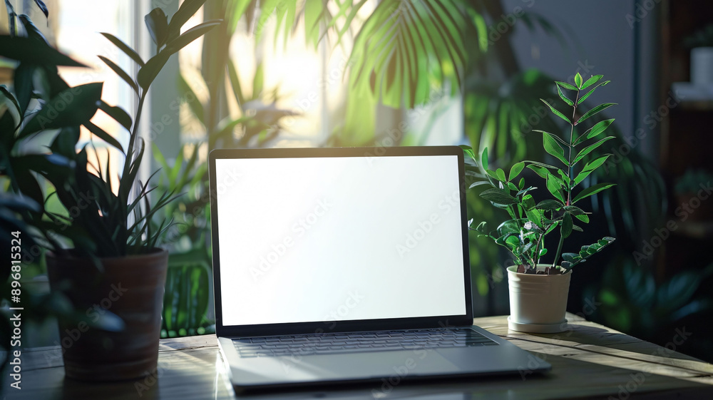 Home office setup with a laptop on a wooden desk, surrounded by indoor plants and decoration Home office setup with a laptop on a wooden desk, surrounded by indoor plants and decoration