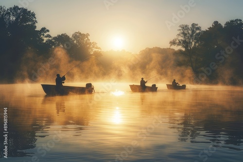 Fishing Expedition: Peaceful image of anglers casting their lines into a tranquil lake at sunrise, with mist rising from the water and birds chirping in the distance, evoking the serenity of the great