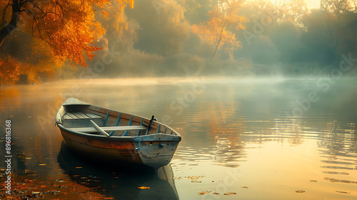 Autumn colorful scene. Nature background. Boat on lake in autumn forest