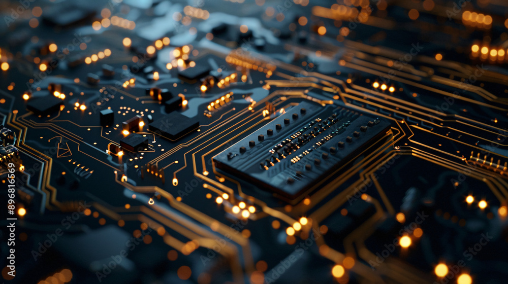 Obraz premium Detailed close-up of a cutting-edge circuit board highlighting intricate circuitry and finely tuned electronic parts, Full Focus, UHD, High Detailed, Masterpiece 