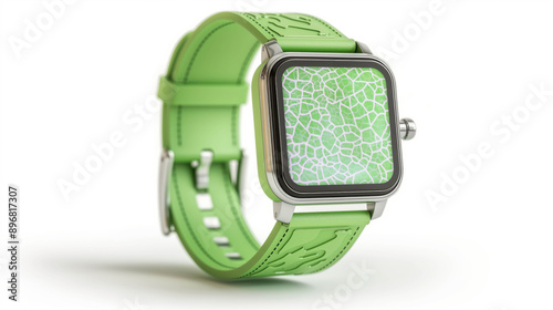 A close-up of a green children's smartwatch with a grid pattern on the digital display, on a white background. photo