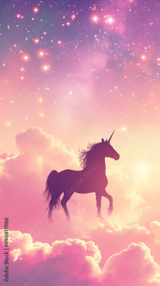 Unicorn standing on clouds with starry sky Unicorn standing on clouds with starry sky