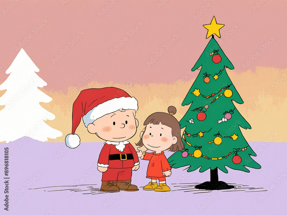 Santa Claus standing next to a decorated Christmas tree with a girl Santa Claus standing next to a decorated Christmas tree with a girl