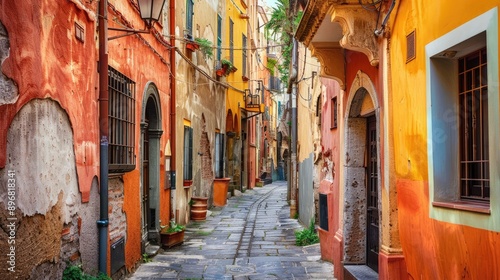 Picturesque scene of a narrow old street in the city, with colorful facades and traditional architecture