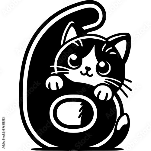 Little kitten hid behind the number six digit in kitty style in monochrome. Simple minimalistic vector in black ink drawing on transparent background
