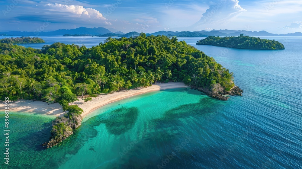 Serene tropical island with dense forest canopy, sandy shores, and calm turquoise waters under a sunny sky Serene tropical island with dense forest canopy, sandy shores, and calm turquoise waters under a sunny sky