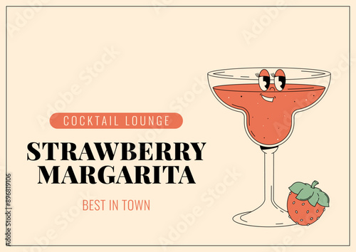 Groovy character strawberry margarita. Retro banner and label with popular alcoholic beverage. Cafe bar or cocktail lounge logo and sign. Summer vintage vector illustration
