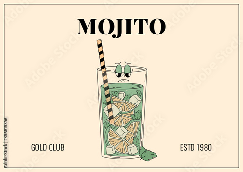 Groovy character mojito. Retro banner and label with popular alcoholic beverage. Cafe bar or cocktail lounge logo and sign. Summer retro  vector illustration 70s, 80s style