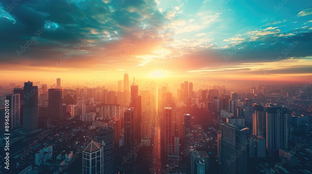 Stunning view of a city skyline at twilight, with the last rays of the sun illuminating the tallest buildings Stunning view of a city skyline at twilight, with the last rays of the sun illuminating the tallest buildings