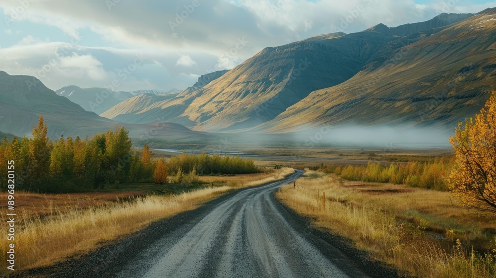 Scenic Mountain Road with Fog and Golden Grasslands