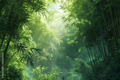 Green Bamboo Forest: Escape to the tranquility of a lush bamboo forest, where sunlight filters through the leaves creating a calming ambiance.