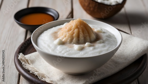 Bubur Sumsum - A traditional Indonesian dessert made from rice flour and served with sweet coconut milk and palm sugar syrup. This creamy and sweet porridge is a must-try for those looking to experien photo