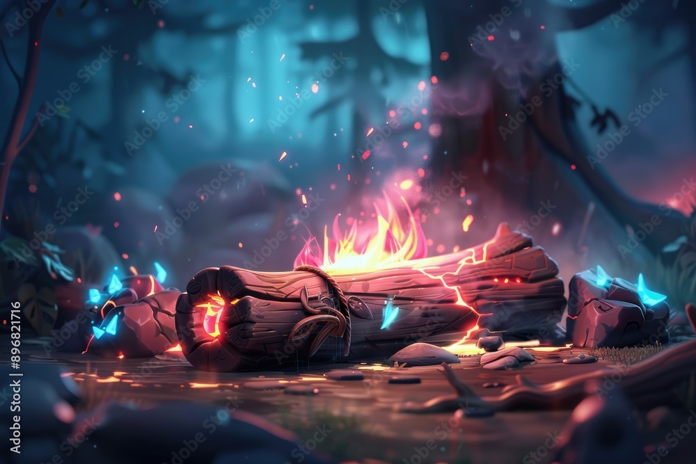 Fototapeta premium A Mystical Forest Scene with a Crackling Fire on a Log