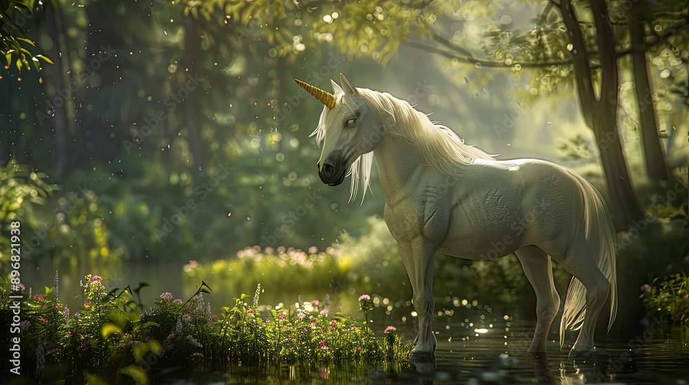 Photograph of a pure white unicorn standing gracefully in a magical forest near a sparkling river, with sunlight filtering through the trees.