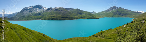 Amazing view of the Mont-Cenis Lake an alpine artificial lake. French Alps. Summer time. Relaxing and green contest. Turquoise water photo