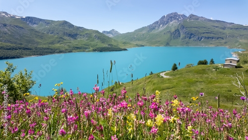 Amazing view of the Mont-Cenis Lake an alpine artificial lake. French Alps. Summer time. Relaxing and green contest. Turquoise water photo