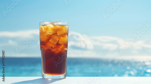 グラスに入ったソフトドリンクと夏の海