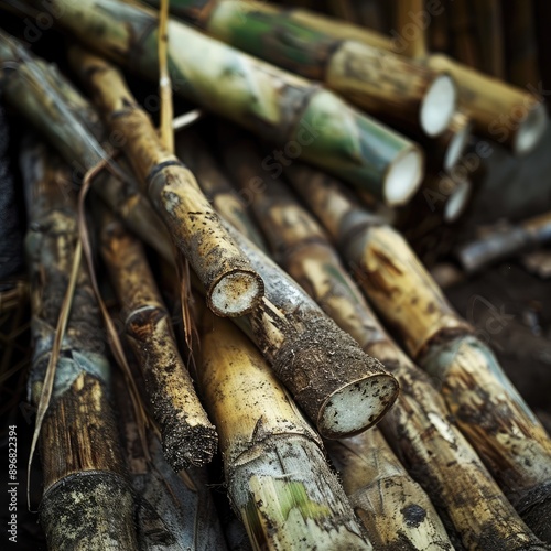 Hand-held tools, sugarcane farming, traditional methods, rustic atmosphere