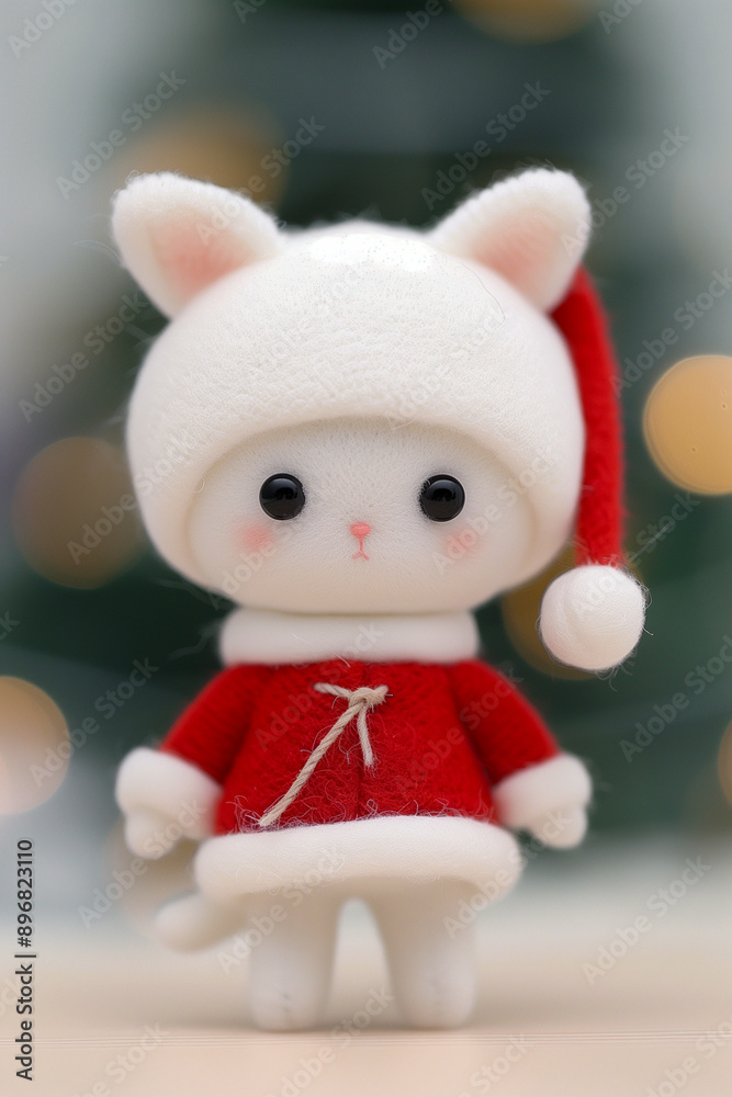 Fototapeta premium An adorable cat doll wearing a Santa hat and red outfit, set against a festive, blurred background with holiday lights. 