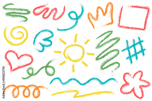 Crayon pencil color scribbles and lines. Chalk texture hand drawn strokes. Doodle vector marks. Kids squiggle sketch shapes heart flower and crown elements set. Rough grunge effect.