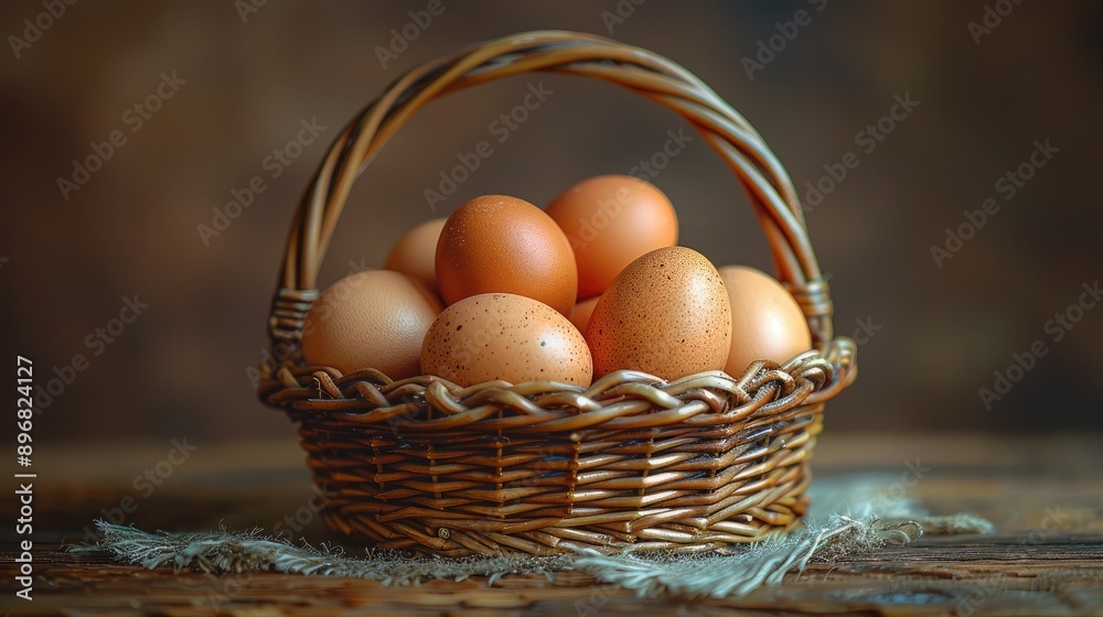 A basket of fresh eggs just collected from the farm, set on a wooden table, highlighting their quality and daily freshness A basket of fresh eggs just collected from the farm, set on a wooden table, highlighting their quality and daily freshness