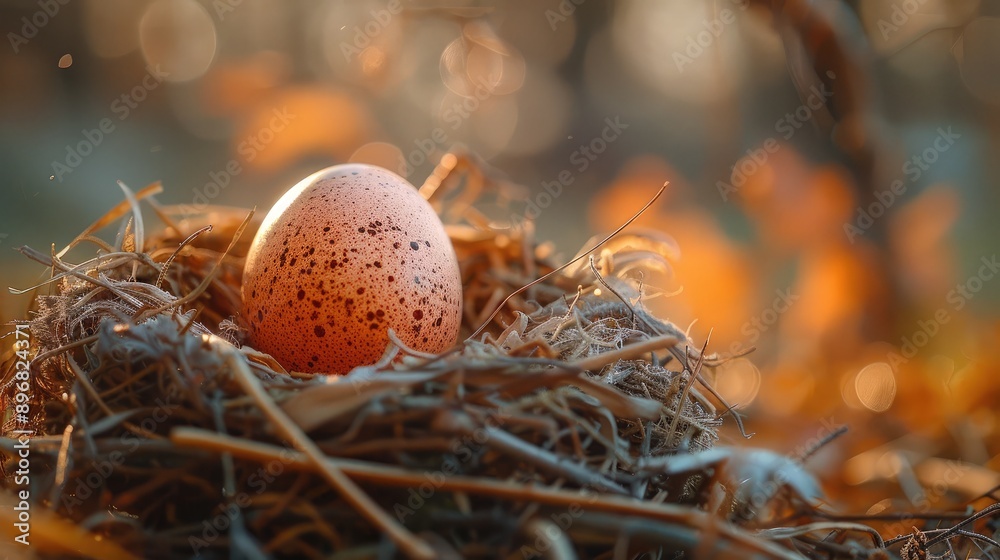 A single chicken egg in a vibrant nest, surrounded by golden hay, detailed shell texture, illuminated by soft morning light, rustic farm setting A single chicken egg in a vibrant nest, surrounded by golden hay, detailed shell texture, illuminated by soft morning light, rustic farm setting