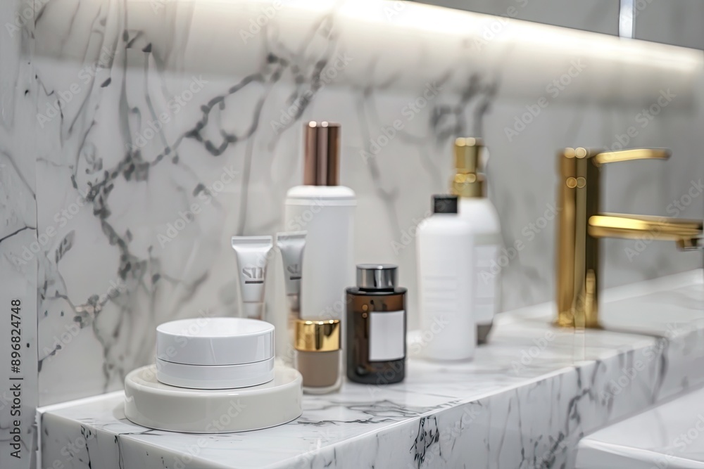 Mockup of cosmetic products on white marble countertop in bathroom Mockup of cosmetic products on white marble countertop in bathroom