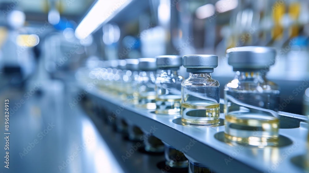 close up shot of row medical vial in lab with background lab equipment