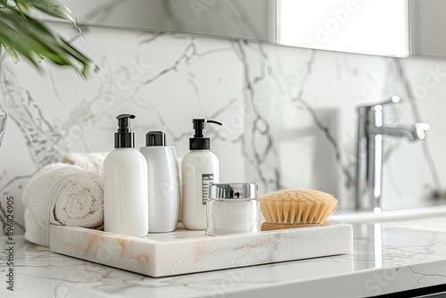 Mockup of cosmetic products on white marble countertop in bathroom