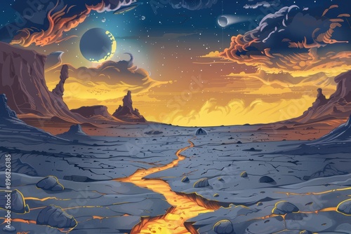 Alien planet landscape with lava river and distant moons photo