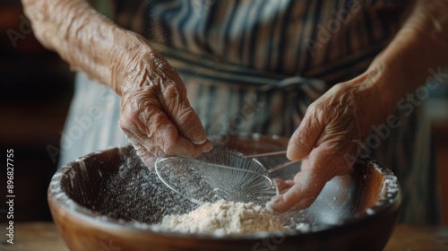 Close Up of Hands Sifting Flour into a Bowl photo