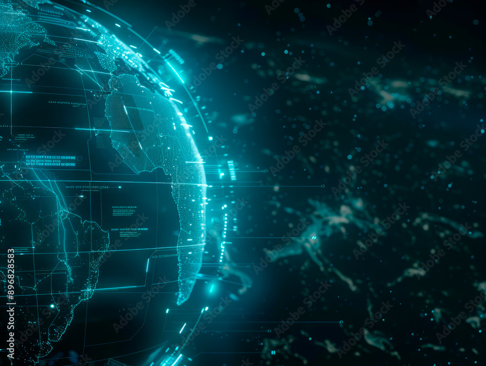 Fototapeta premium An illuminated digital representation of the Earth showing continents with a network concept on a dark blue background. Generative AI