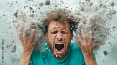 Man's face contorted in shock, mouth agape as he screams in surprise, hands flailing in water photo