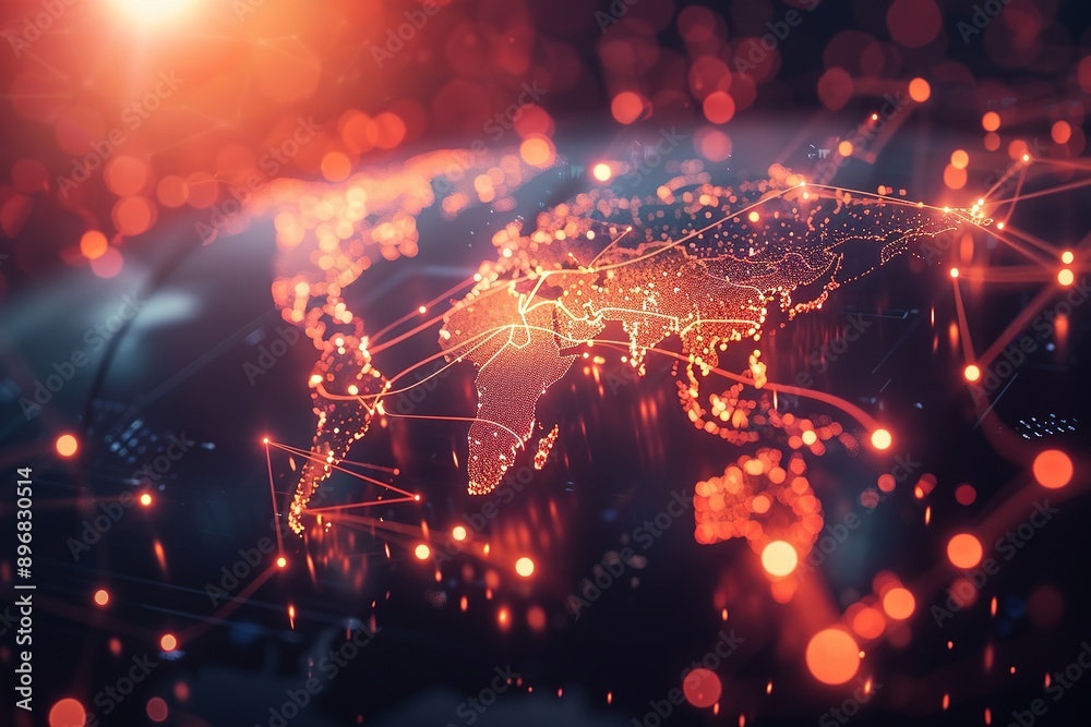 Global Connectivity and Technology: A Digital Map of the World with Glowing City Connections. Realistic Representation of International Business Networks and Technological Advancements.